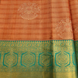 Pure Kanjivaram Silk Saree — Orange With Teal Contrast Border & Antique Gold Zari Pallu