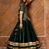 Bottle Green Cotton Lehenga With Gold Striped Border And Potli