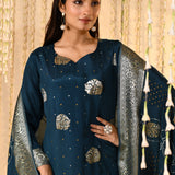 Navy Blue Satin Silk Floral Kurta Set