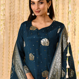 Navy Blue Satin Silk Floral Kurta Set