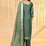 Teal Blue Floral Banarasi Tissue Kurta Set