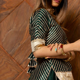 Bottle Green Cotton Lehenga With Gold Striped Border And Potli