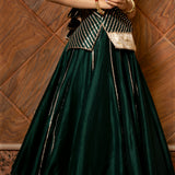 Bottle Green Cotton Lehenga With Gold Striped Border And Potli