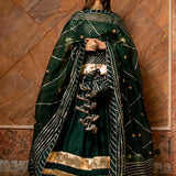Bottle Green Cotton Lehenga With Gold Striped Border And Potli