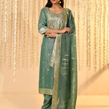 Teal Blue Floral Banarasi Tissue Kurta Set