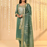 Teal Blue Floral Banarasi Tissue Kurta Set