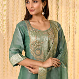 Teal Blue Floral Banarasi Tissue Kurta Set