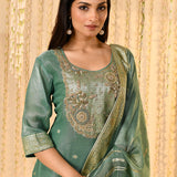 Teal Blue Floral Banarasi Tissue Kurta Set