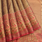 Majestic Antique Bronze And Crimson Red Kanjivaram Silk Saree With Gold Zari Peacock Motifs