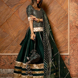 Bottle Green Cotton Lehenga With Gold Striped Border And Potli