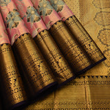 Pink Kanjivaram Silk Saree With Blue Floral Motifs And Black Zari Border