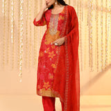 Dark Crimson Pink Floral Silk Blend Kurta Set