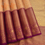 Peach Kanjivaram Silk Saree With Purple Border And Gold Zari Diamond Lattice Weave