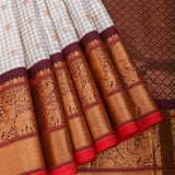 Beige Checked Kanjivaram Saree With Woven Gold Zari Peacock-Elephant Border