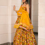 Mustard Yellow Floral Printed Cotton Peplum Lehenga