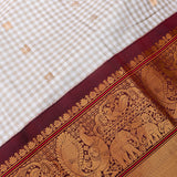 Beige Checked Kanjivaram Saree With Woven Gold Zari Peacock-Elephant Border
