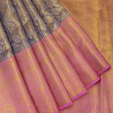 Blue Kanjivaram Silk Saree With Pink Contrast Border & Mustard Gold Pallu