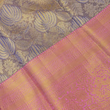 Blue Kanjivaram Silk Saree With Pink Contrast Border & Mustard Gold Pallu
