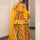 Mustard Yellow Floral Printed Cotton Peplum Lehenga