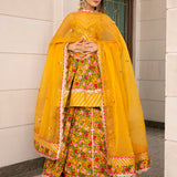Mustard Yellow Floral Printed Cotton Peplum Lehenga