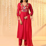 Crimson Pink Embroidered Satin Kurta Set