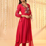 Crimson Pink Embroidered Satin Kurta Set
