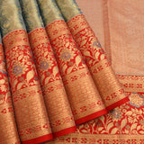 Sage Green Kanjivaram Silk Saree With Red Border And Multicolour Floral Weave