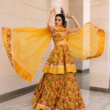 Mustard Yellow Floral Printed Cotton Peplum Lehenga