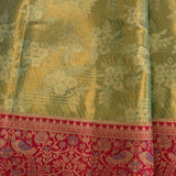 Sage Green Kanjivaram Silk Saree With Red Contrast Border And Dual-Tone Zari Paisley Weave