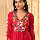 Crimson Pink Embroidered Satin Kurta Set