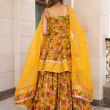 Mustard Yellow Floral Printed Cotton Peplum Lehenga