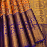 Mustard Orange Kanjivaram Silk Saree With Violet Paisley Weave And Medallion Pallu
