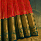 Pure Kanjivaram Silk Saree — Tomato Red With Peacock Green Zari Border & Peacock Motif Pallu
