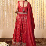 Crimson Pink Floral Embroidered Tissue Anarkali Set