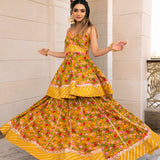 Mustard Yellow Floral Printed Cotton Peplum Lehenga