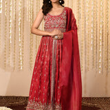 Crimson Pink Floral Embroidered Tissue Anarkali Set