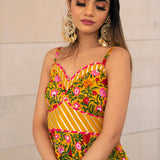 Mustard Yellow Floral Printed Cotton Peplum Lehenga