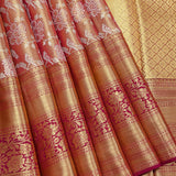 Rust Orange Kanjivaram Silk Saree With Silver Floral Bird Motifs And Magenta Gold Zari Border