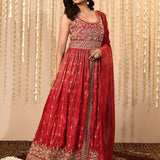 Crimson Pink Floral Embroidered Tissue Anarkali Set