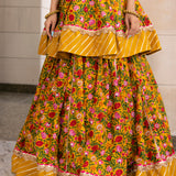 Mustard Yellow Floral Printed Cotton Peplum Lehenga