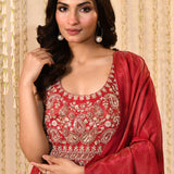 Crimson Pink Floral Embroidered Tissue Anarkali Set