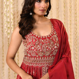 Crimson Pink Floral Embroidered Tissue Anarkali Set