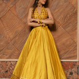 Mustard Yellow Cotton Lehenga With Gota Halter Blouse