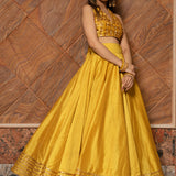 Mustard Yellow Cotton Lehenga With Gota Halter Blouse