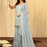 Powder Blue Floral Embroidered Georgette Kurta Set