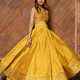 Mustard Yellow Cotton Lehenga With Gota Halter Blouse
