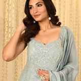 Powder Blue Floral Embroidered Georgette Kurta Set