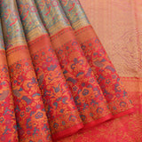 Peach Kanjivaram Silk Saree With Teal Pallu And Pink Bird Motif Border