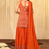 Bright Orange Satin Silk Embroidered Peplum Set