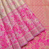Beige Kanjivaram Silk Saree With Pink Floral Jaal And Rani Pink Zari Floral Border
